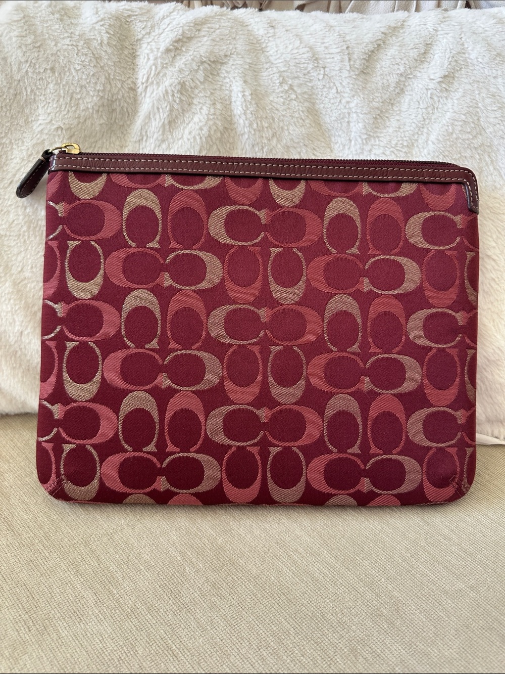 Coach Burgundy Signature Jacquard Zip Pouch